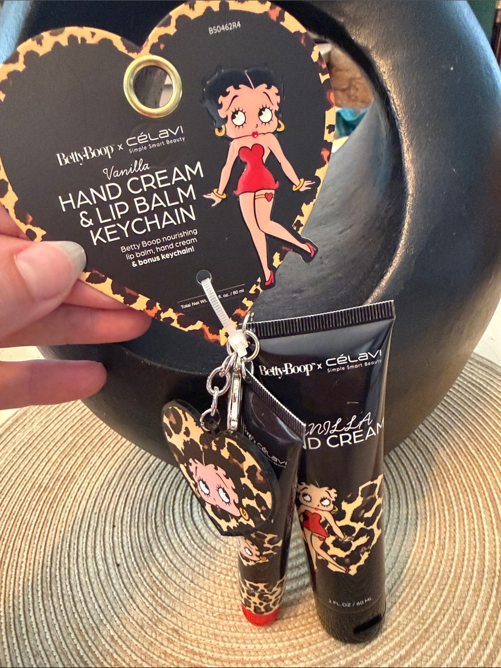 Betty Boop x Celavi Leopard Print Vanilla Hand Cream & Tinted Lip Balm Keychain